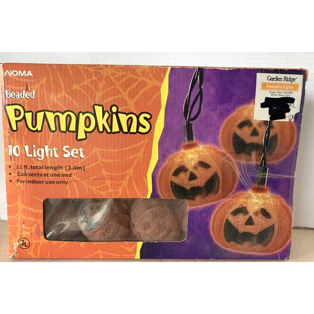 Noma Beaded Pumpkin Light String Halloween JOL 10 Lights 11 Ft Orange Black